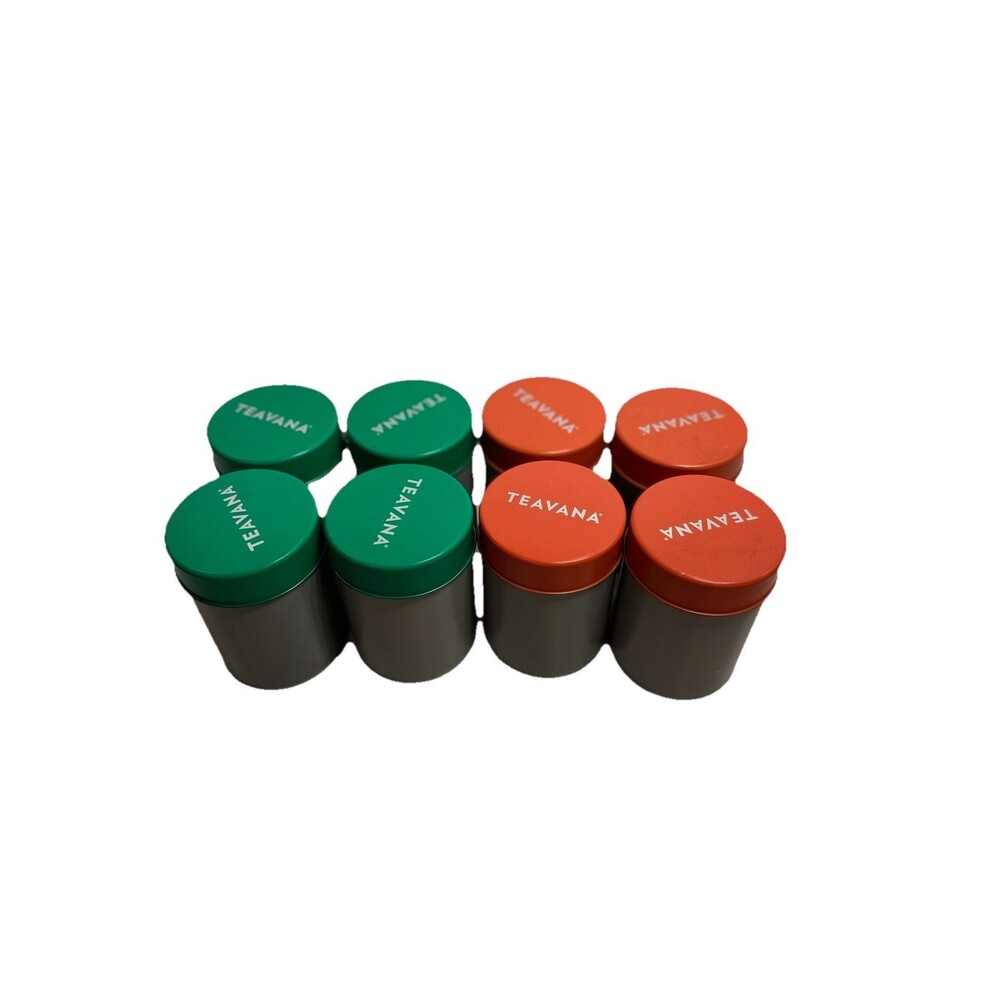 Green And Orange TEAVANA Artisanal Tea Tins 8 Empty W Plastic Lids Metal Gray
